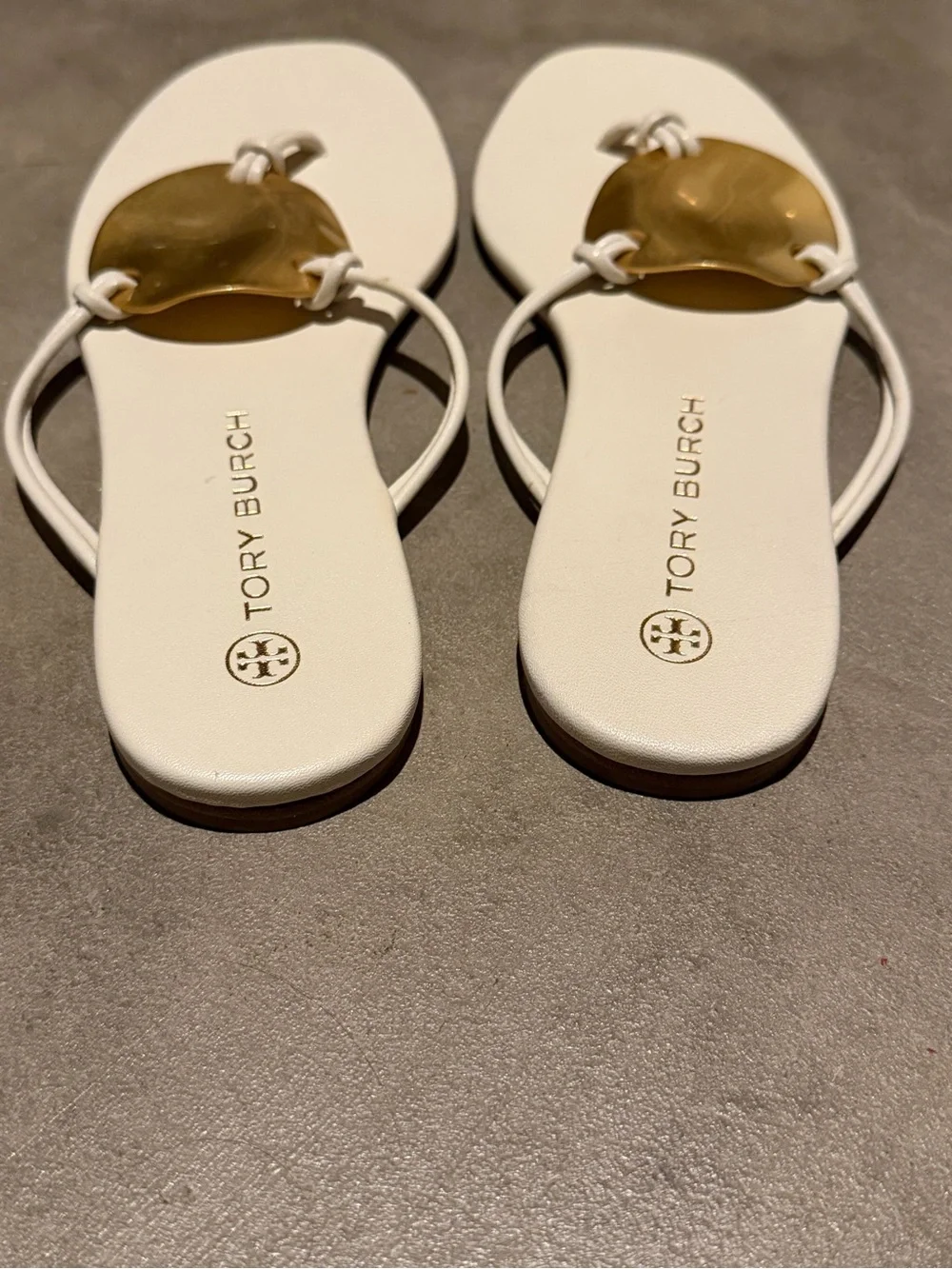 Tory Burch Patos White Leather Sandals with Gold Disc
